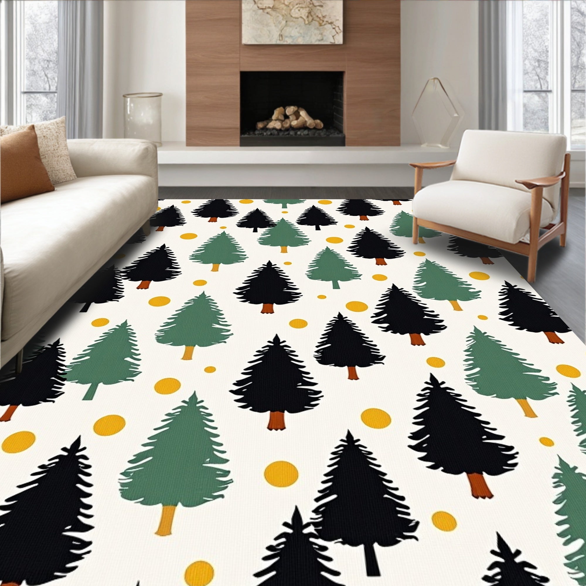 Woodland Forest Trees Yellow Dots Rug
