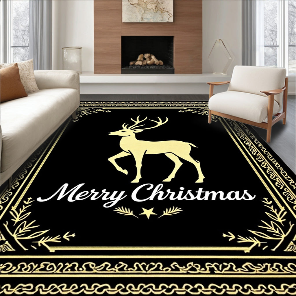 Golden Reindeer Festive Christmas Border Rug