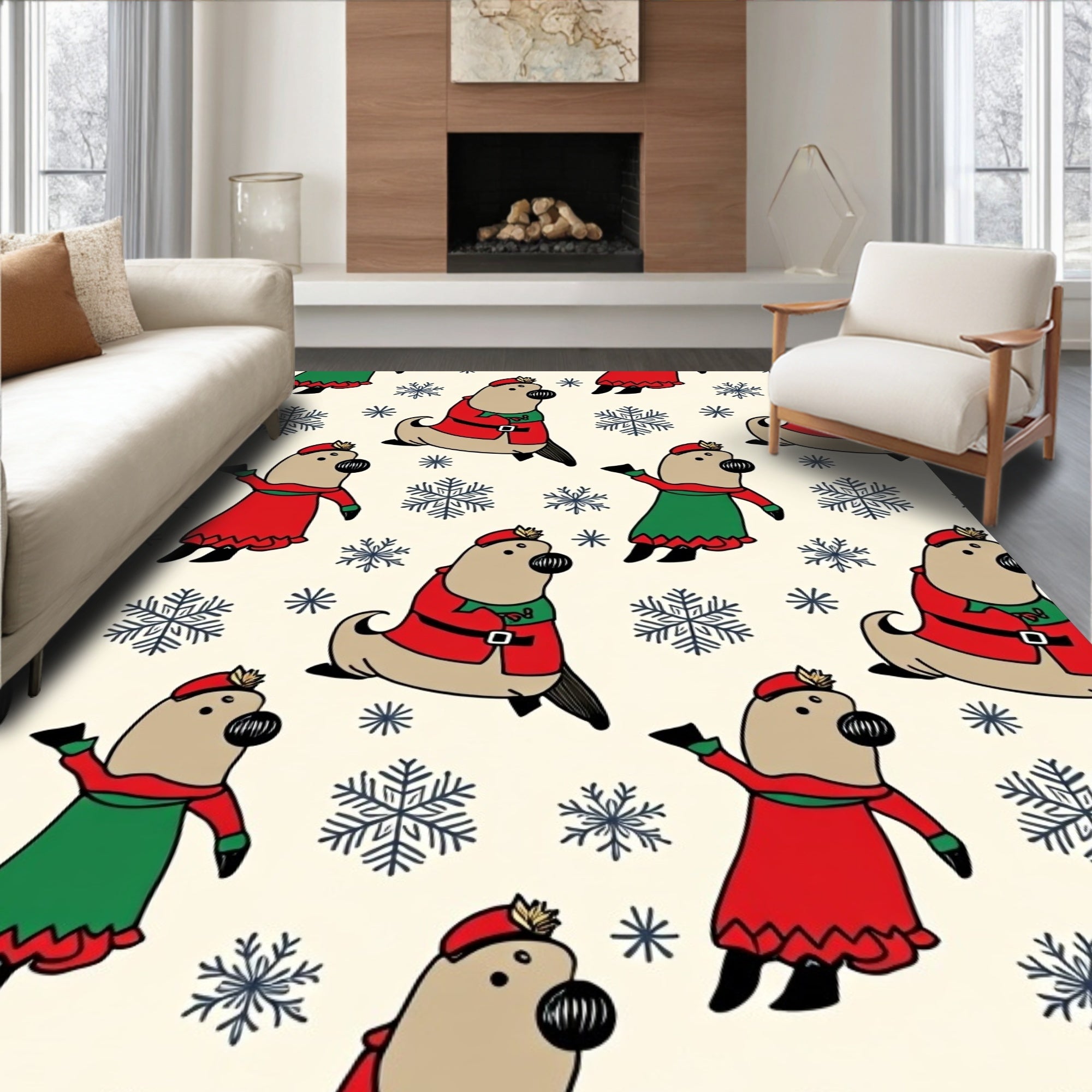 Christmas Seals and Snowflakes Pattern Rug