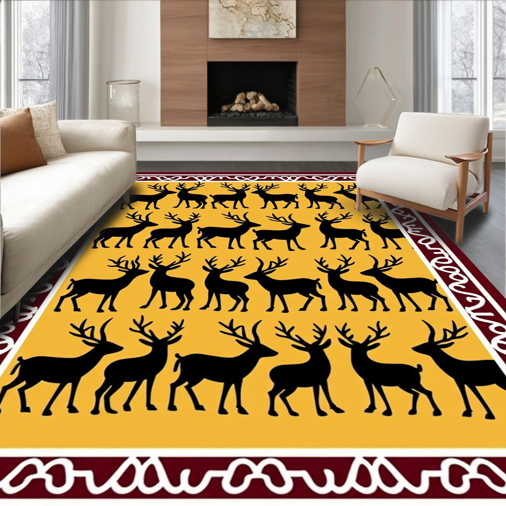 Burgundy Yellow Forest Deer Arrangement Rug
