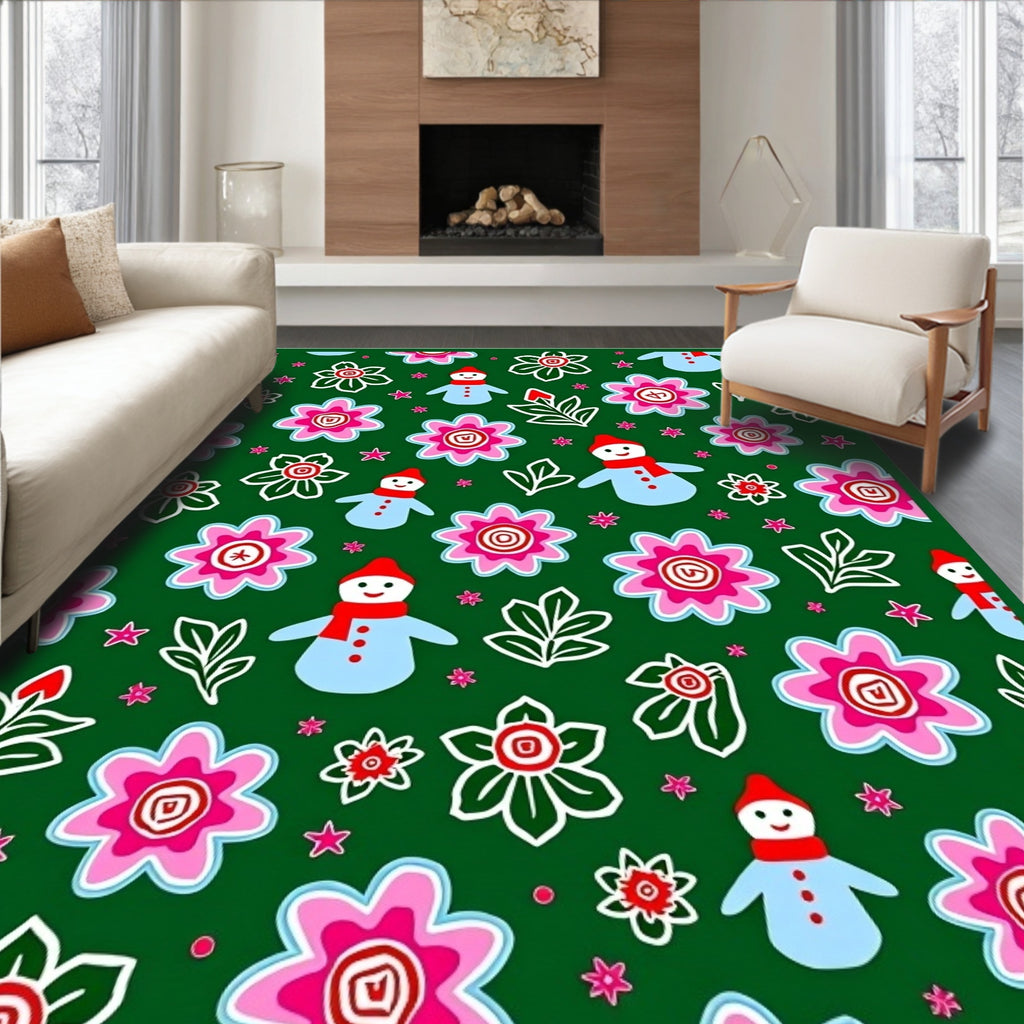 Jolly Snowman Pink Flower Garden Rug