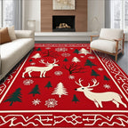 Red White Winter Deer Forest Scene Rug