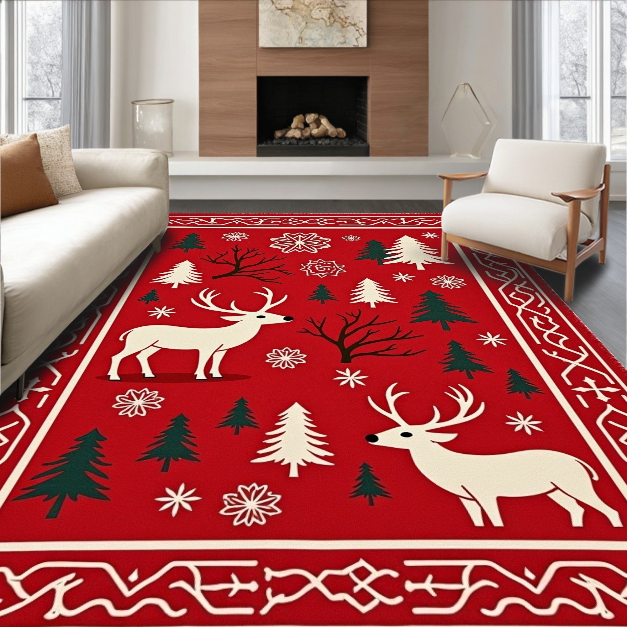 Red White Winter Deer Forest Scene Rug