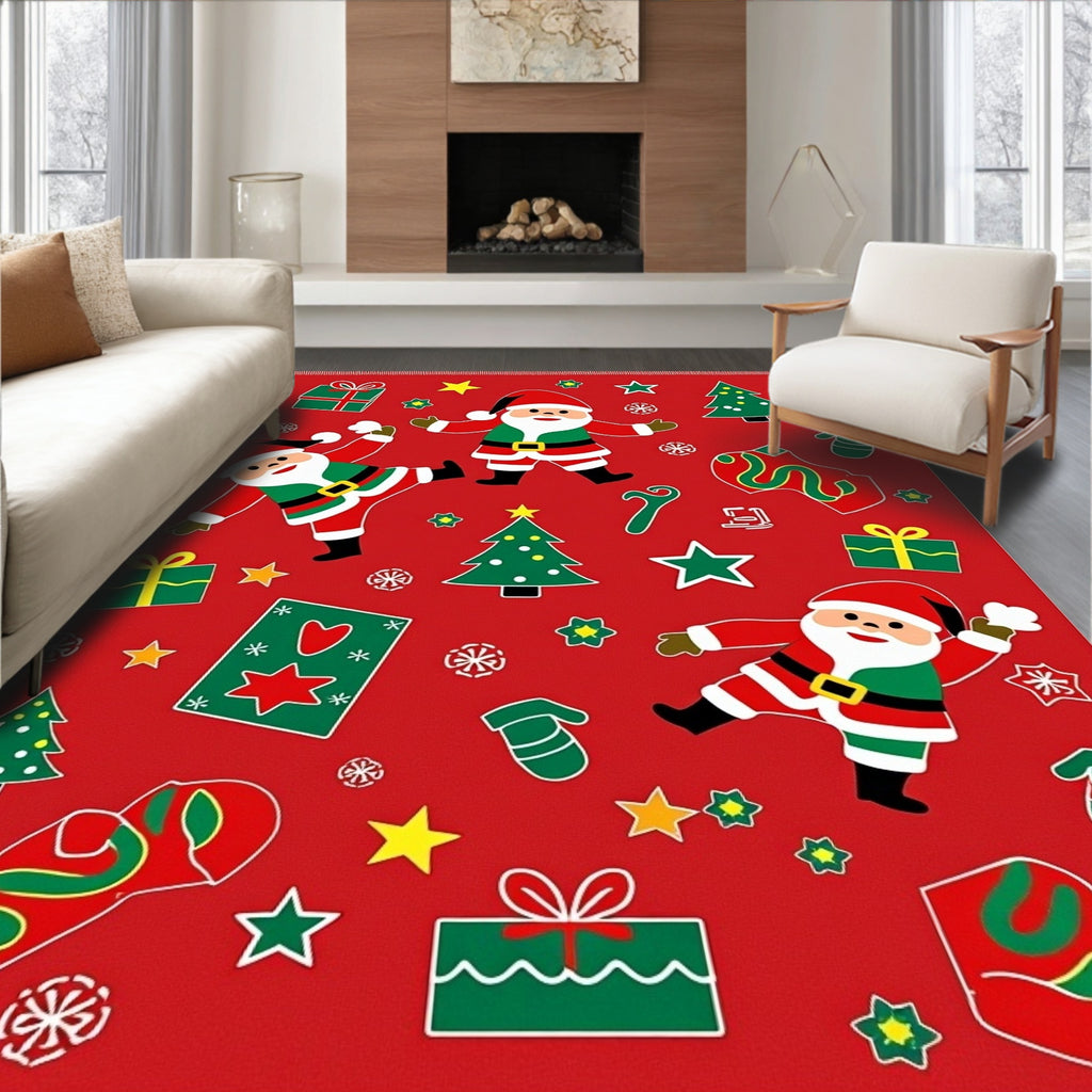 Jolly Red Christmas Santa Mittens Trees Rug