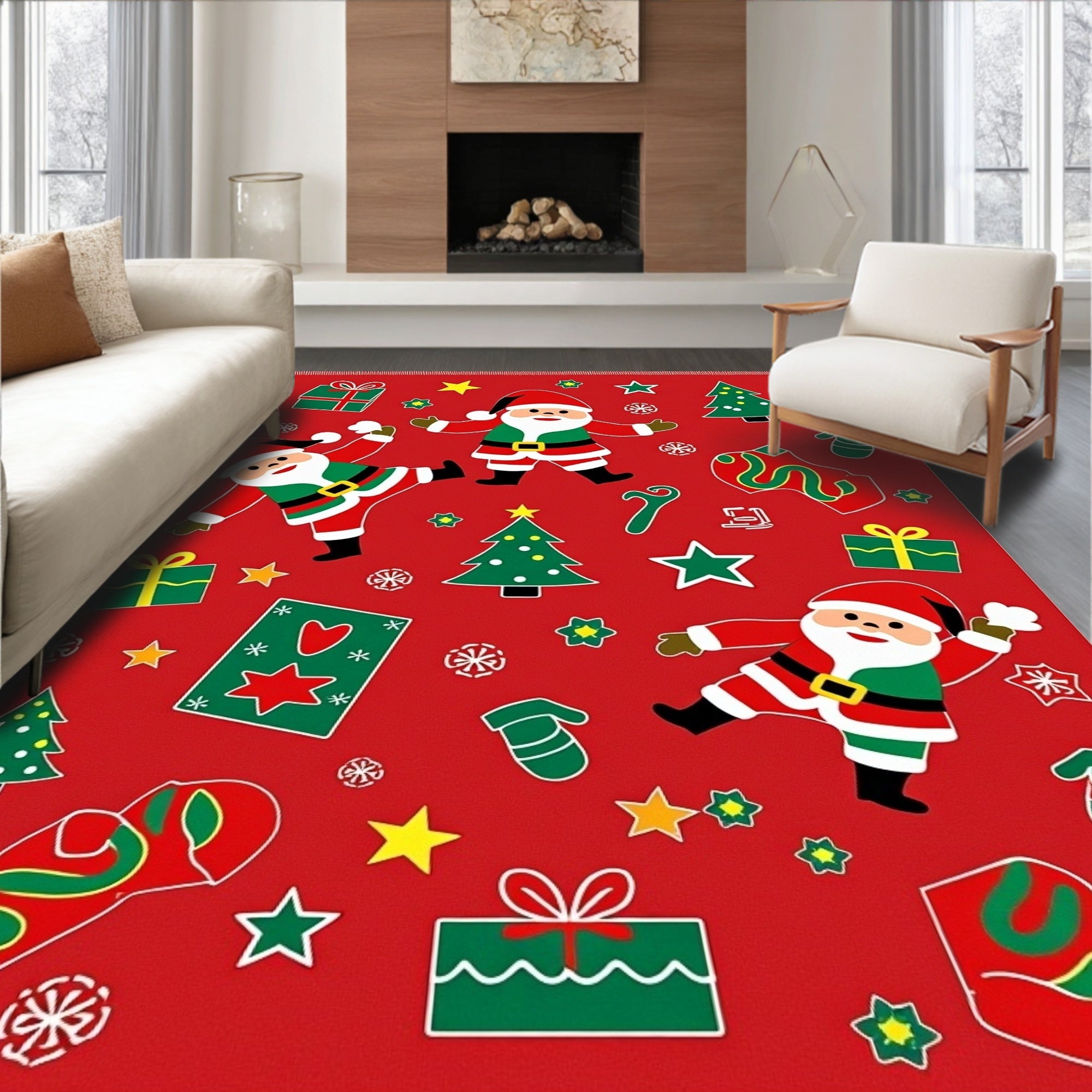 Jolly Red Christmas Santa Mittens Trees Rug