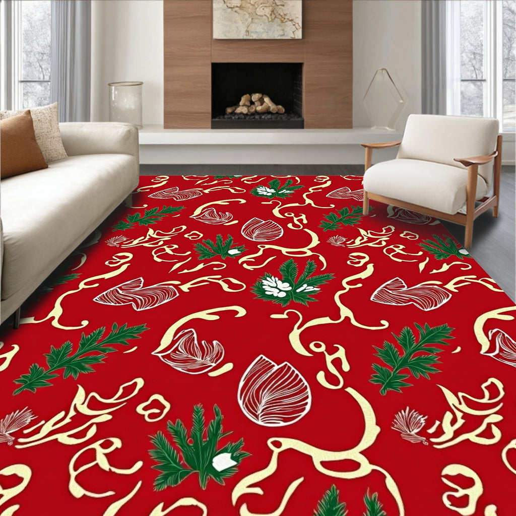Crimson Evergreen Foliage Swirl Rug