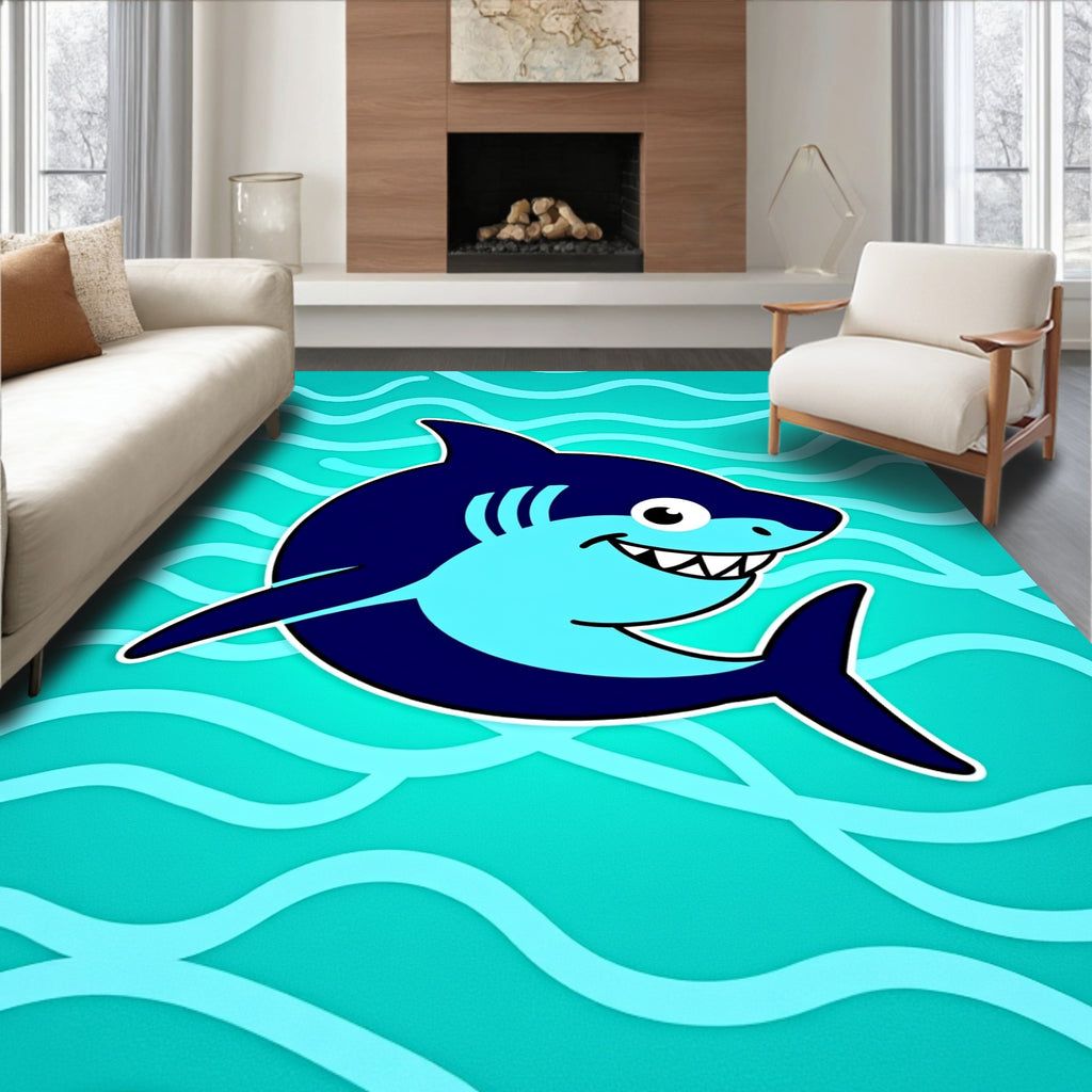 Playful Blue Shark Ocean Waves Rug