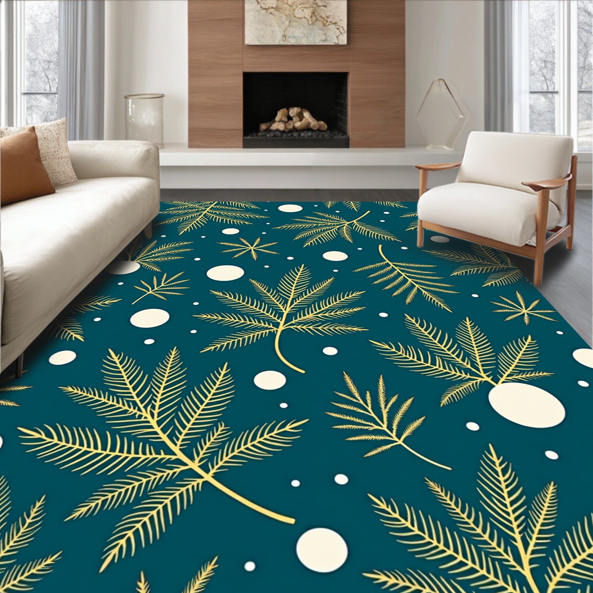 Golden Fern Circles Teal Rug