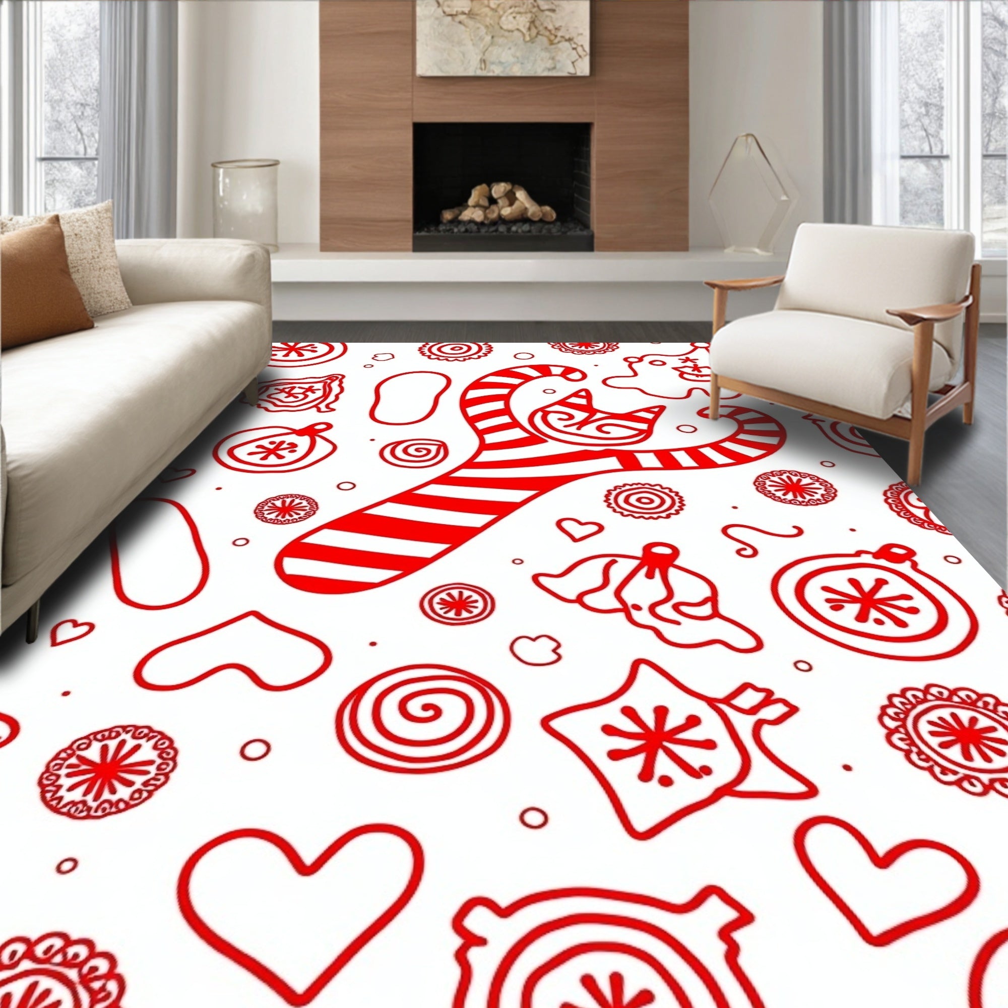 Whimsical Red Cat Candy Cane Elements Rug
