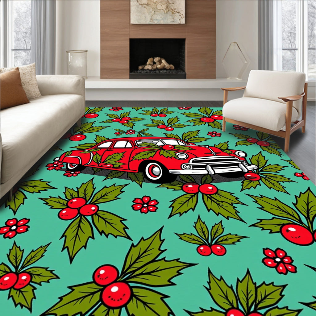 Red Vintage Car Festive Holly Rug