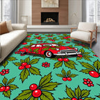 Red Vintage Car Festive Holly Rug