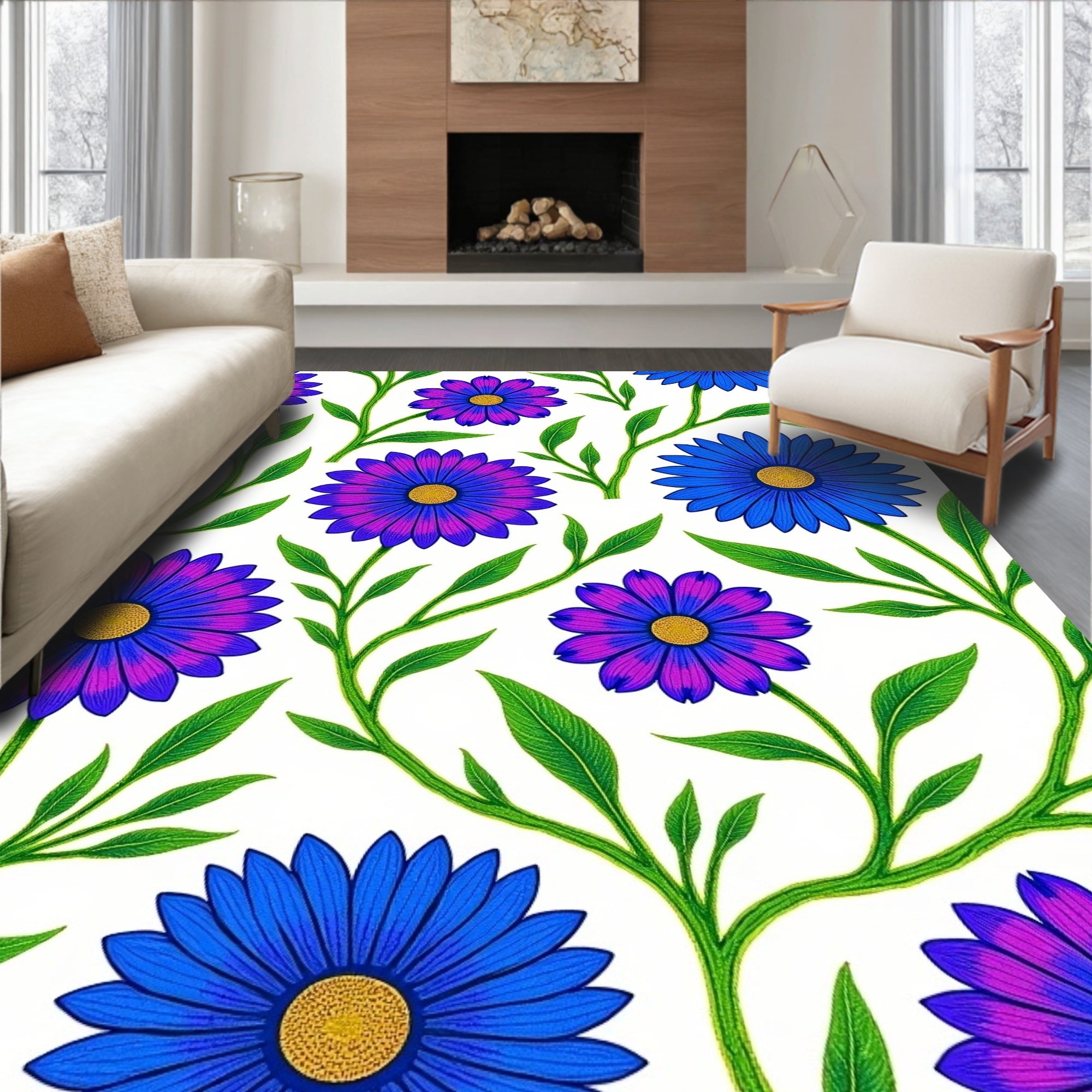 Vibrant Blue Purple Daisy Branches Rug