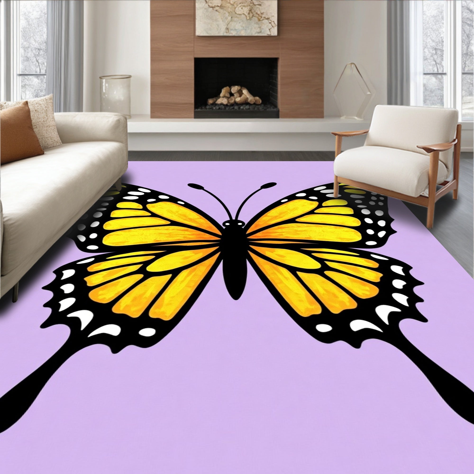 Vibrant Yellow Butterfly Lilac Background Rug