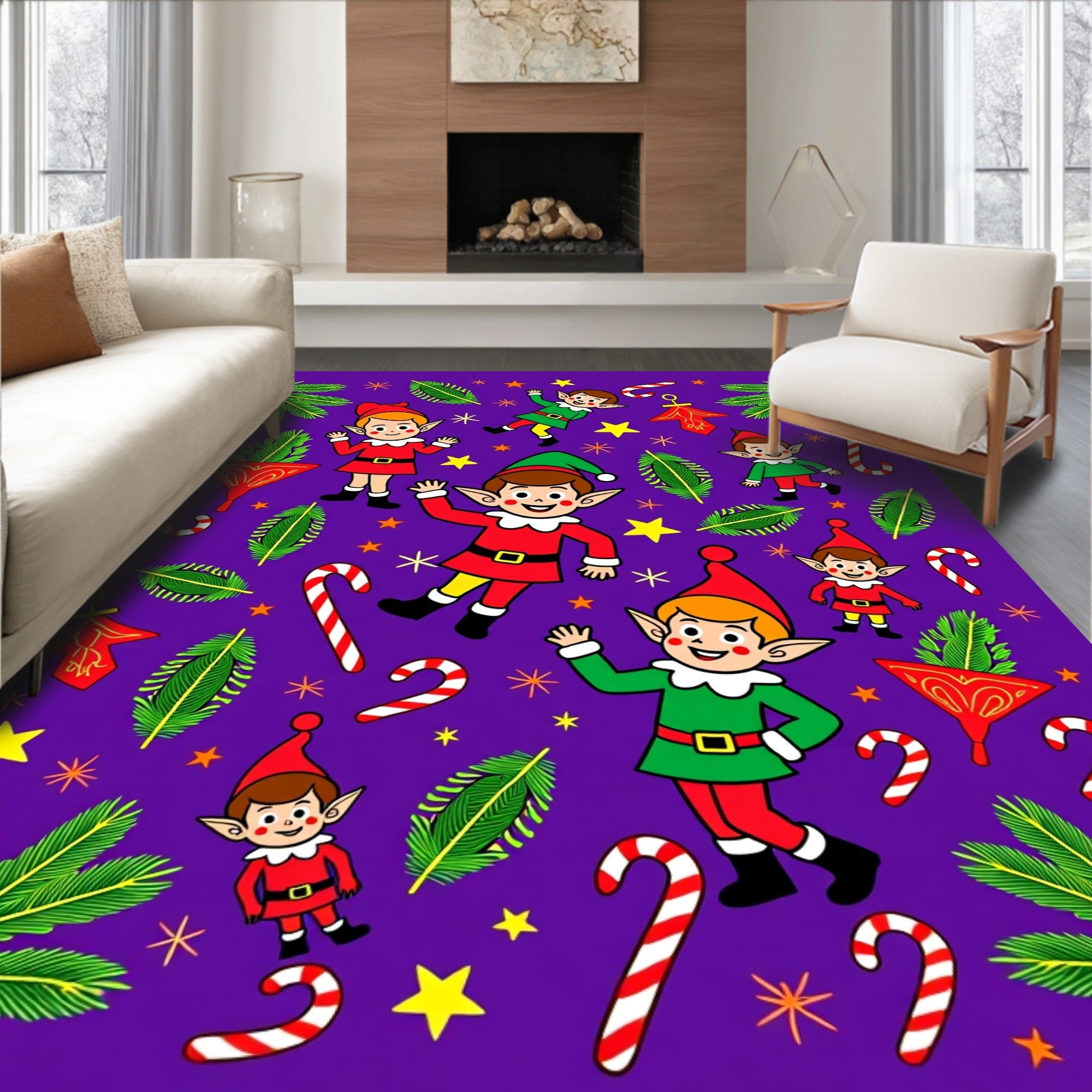 Christmas Elves Candy Cane Pine Sprig Medley Rug
