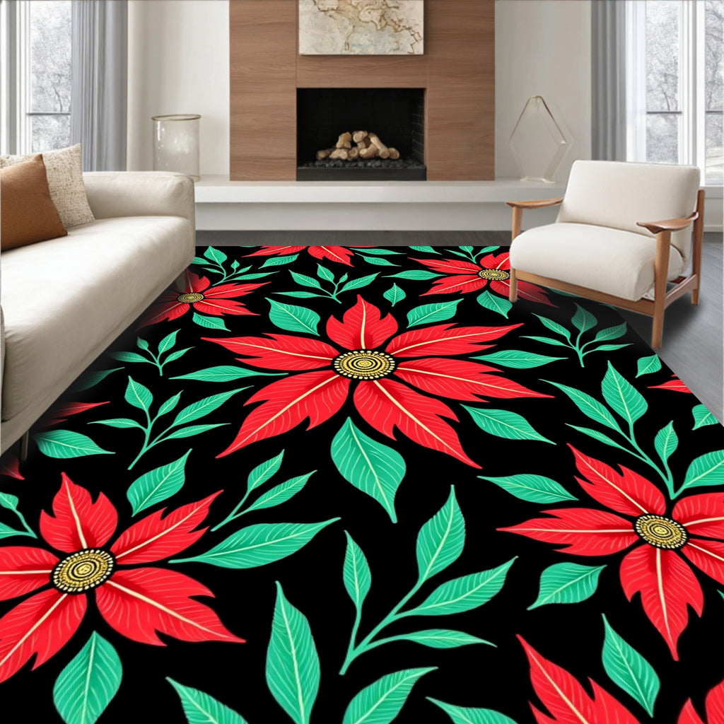 Bold Red Poinsettia Floral Statement Rug