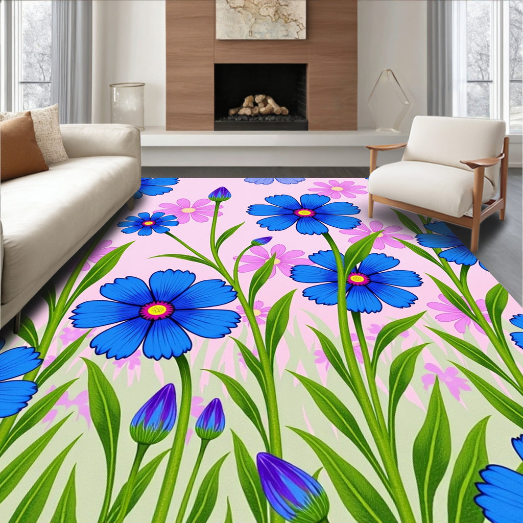 Vibrant Blue Wildflower Garden Rug