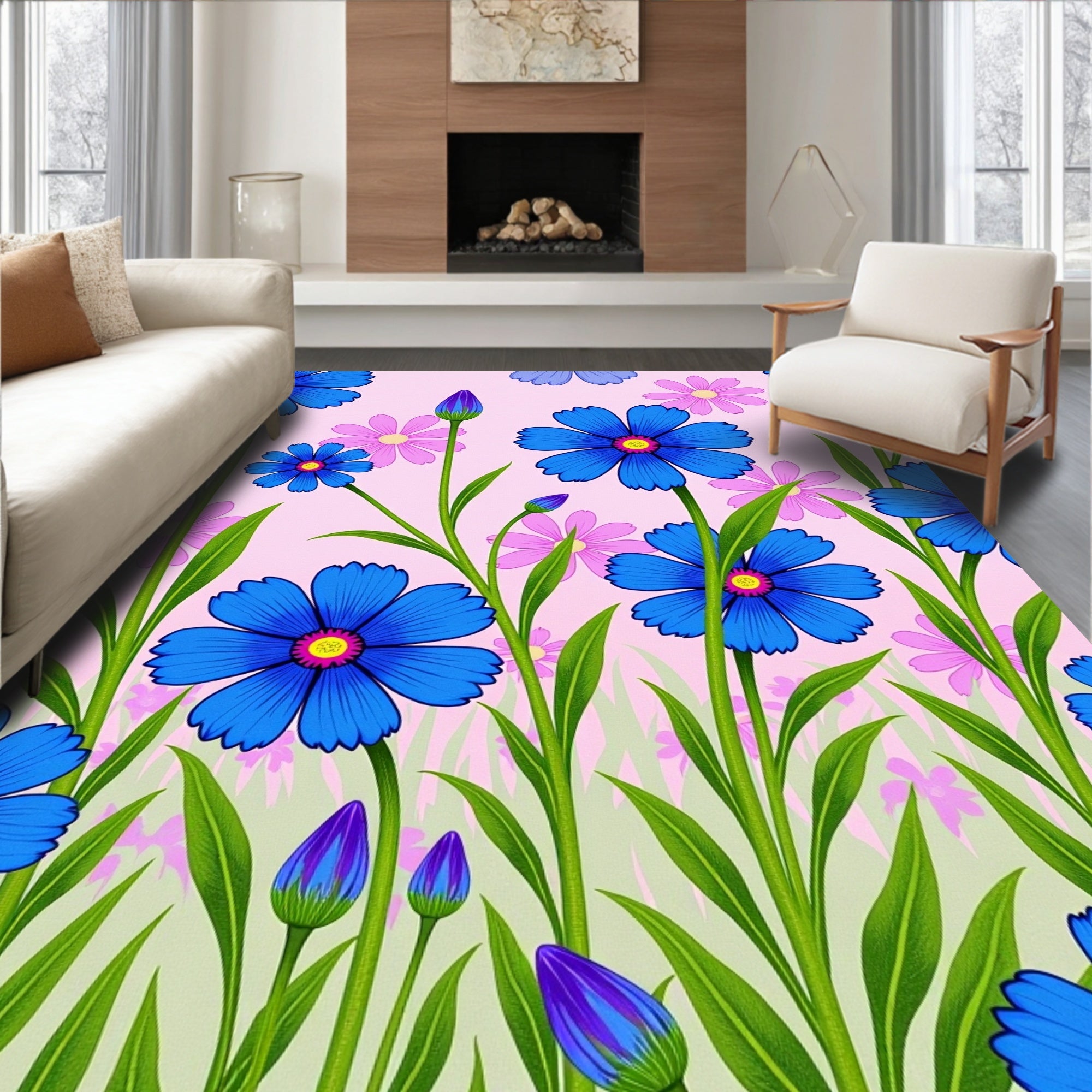 Vibrant Blue Wildflower Garden Rug