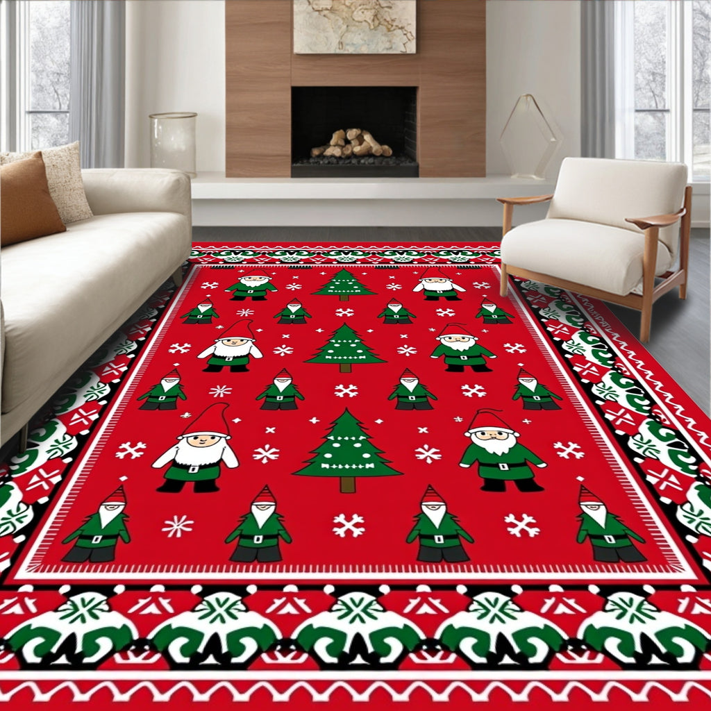 Red Christmas Gnome Trees Border Rug