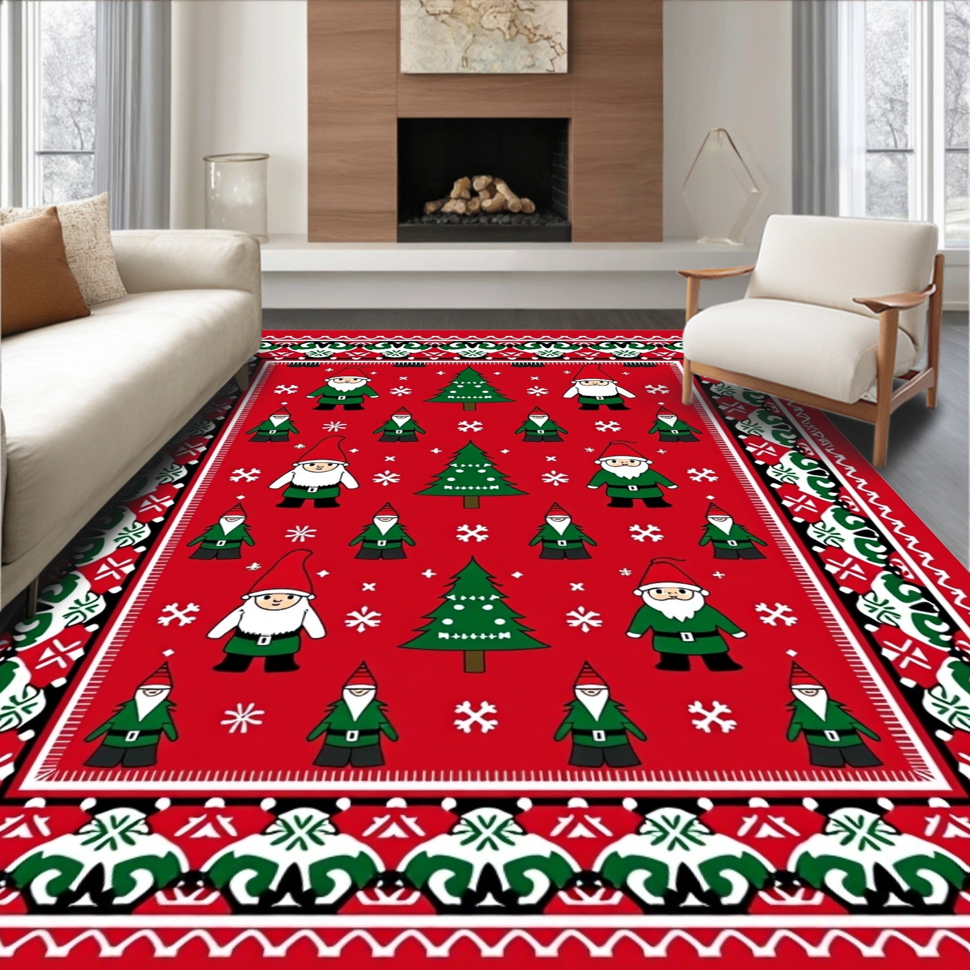Red Christmas Gnome Trees Border Rug