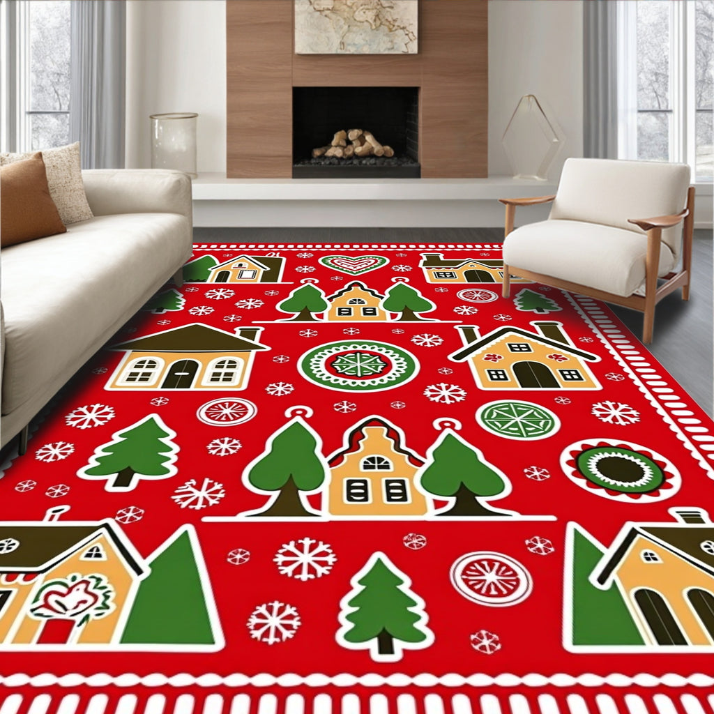 Festive Red Village Gingerbread Scandinavian Rug