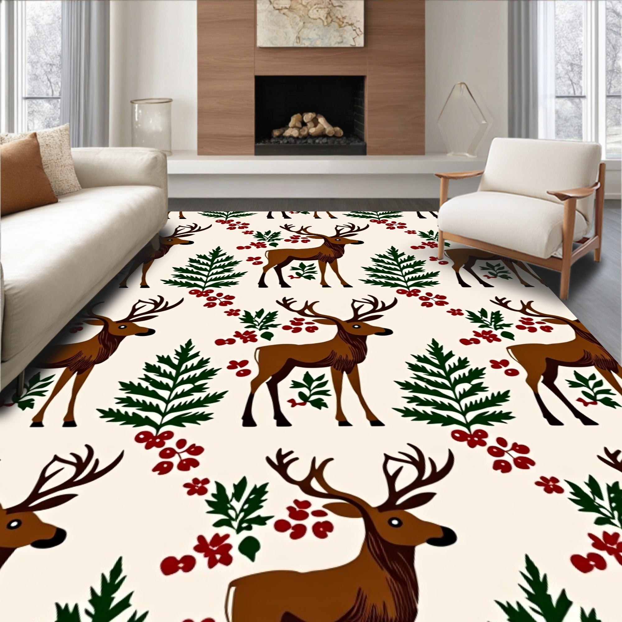 Majestic Brown Deer Forest Berry Accents Rug