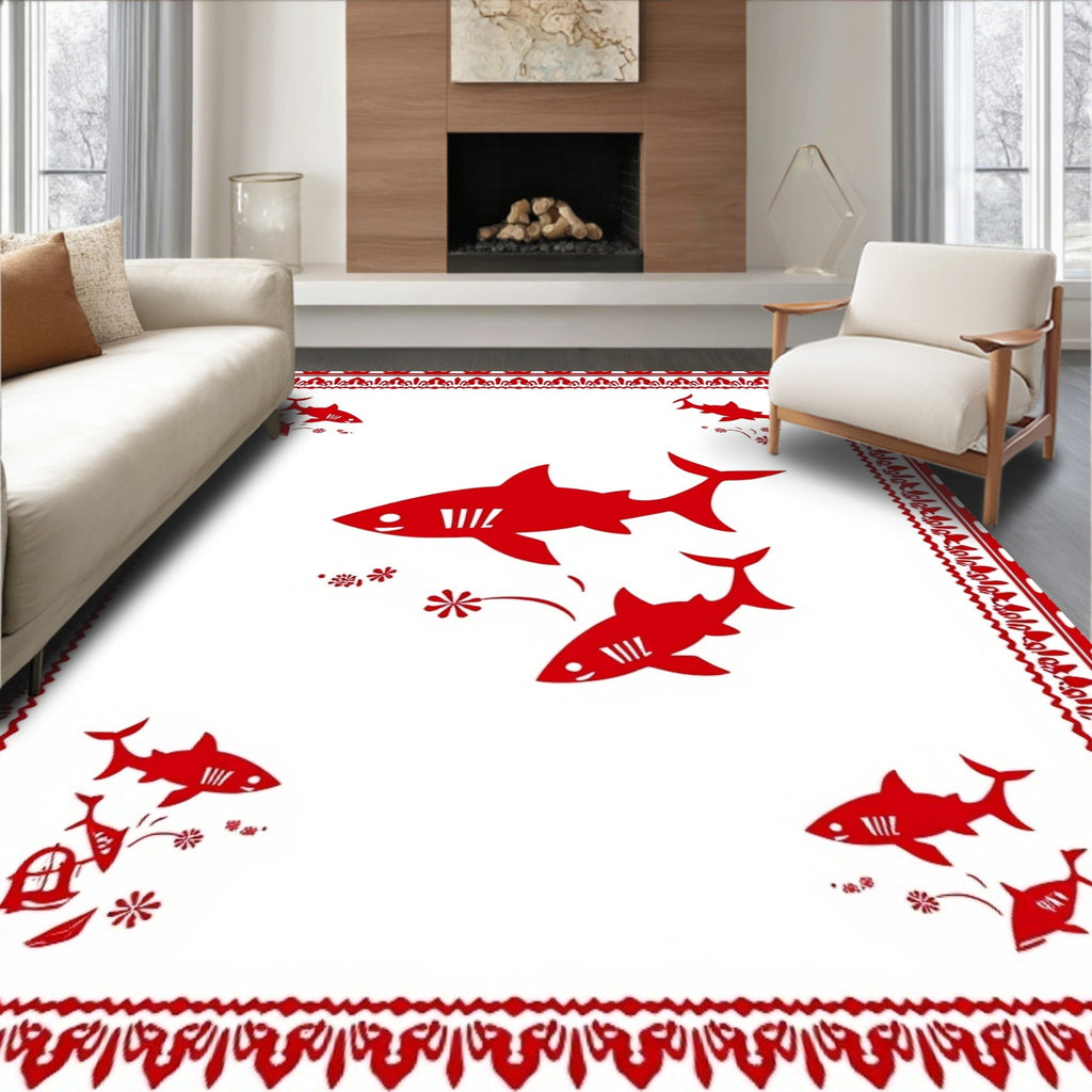 Red Sharks Underwater Floral Border Rug