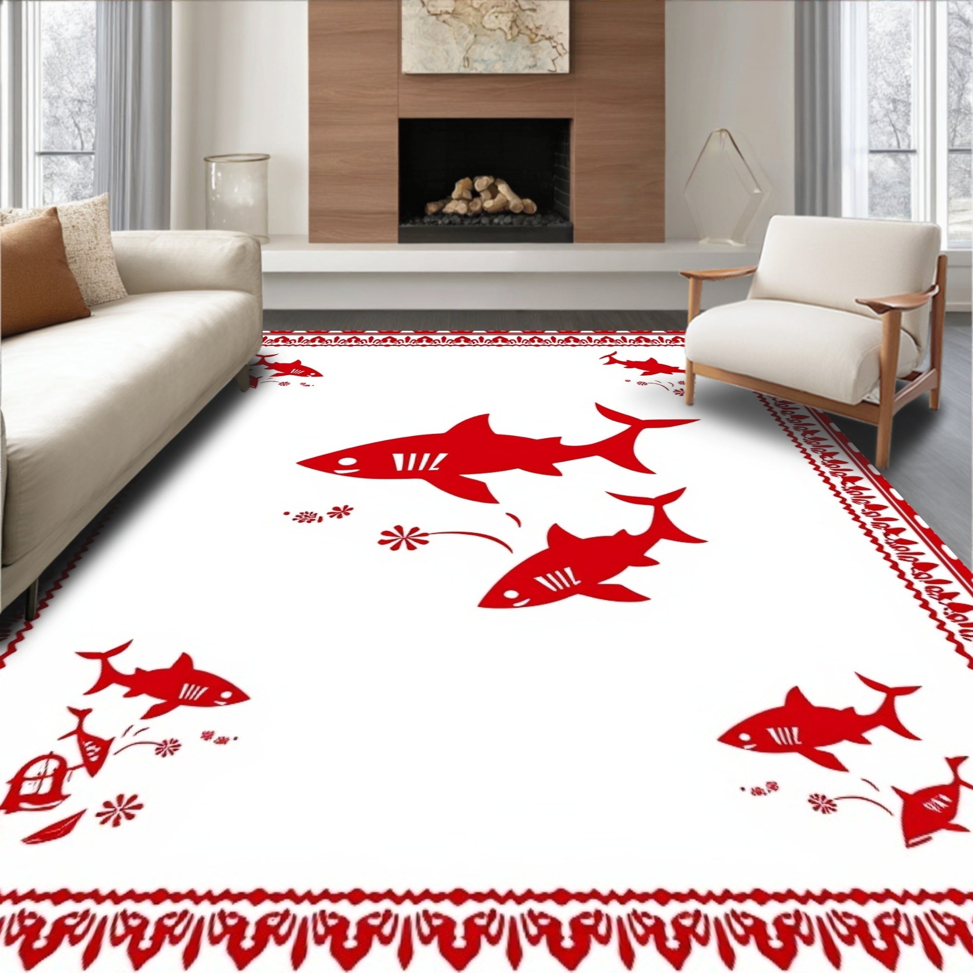 Red Sharks Underwater Floral Border Rug