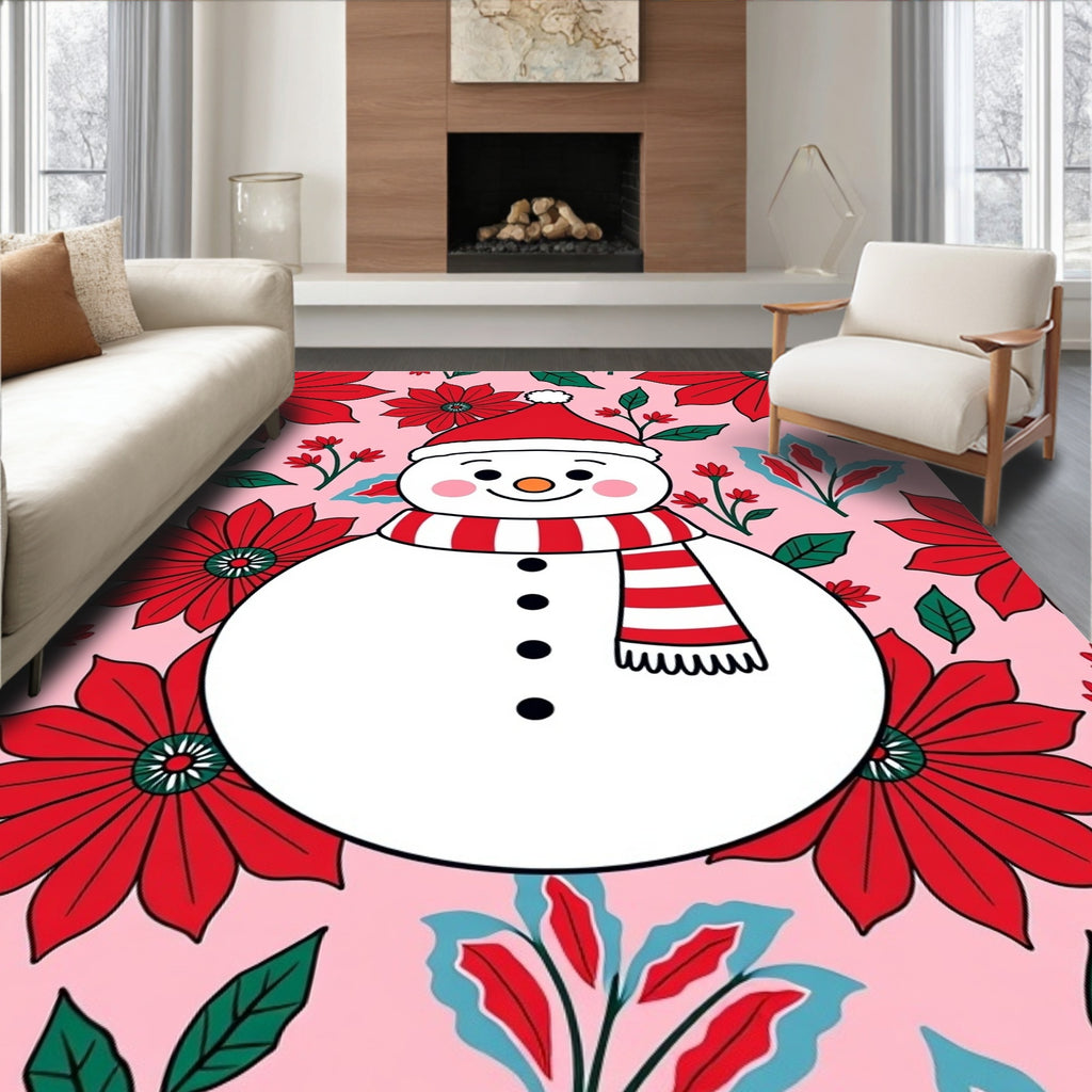 Pink Floral Snowman Holiday Rug