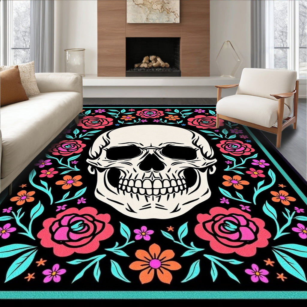 Whimsical Skull Floral Surround Rug