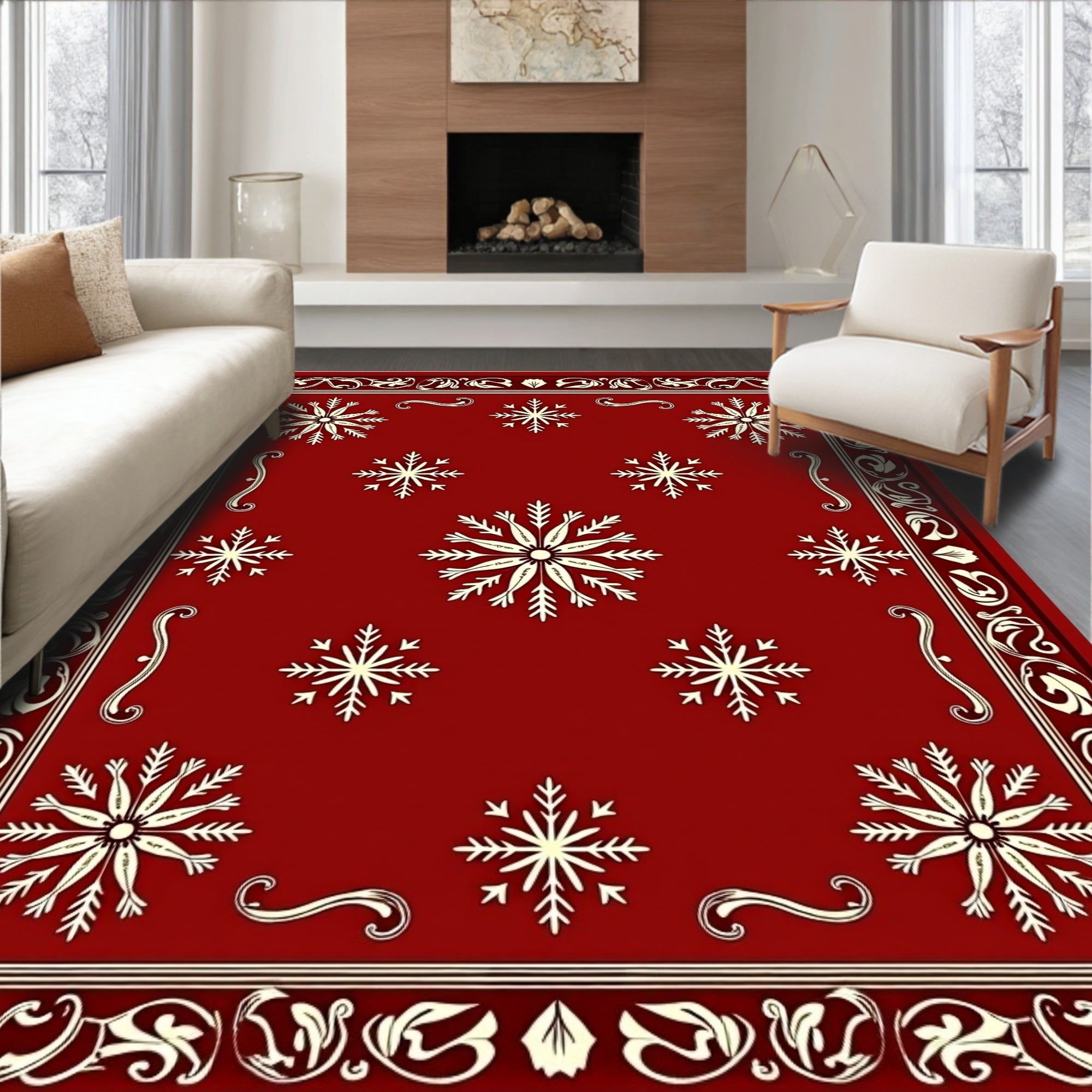 Crimson Snowflakes Ornate Border Rug