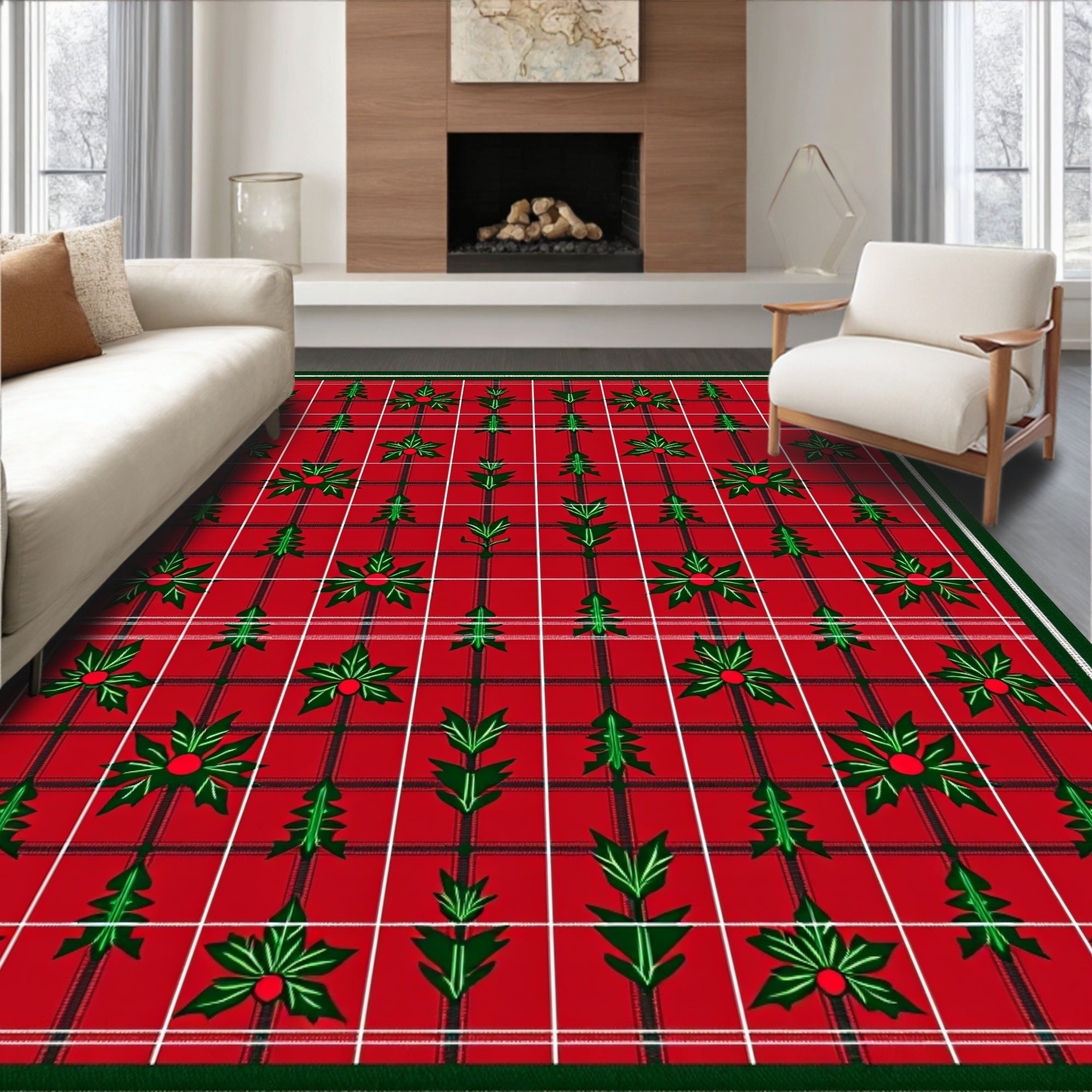 Red Green Tartan Holly Sprigs Rug