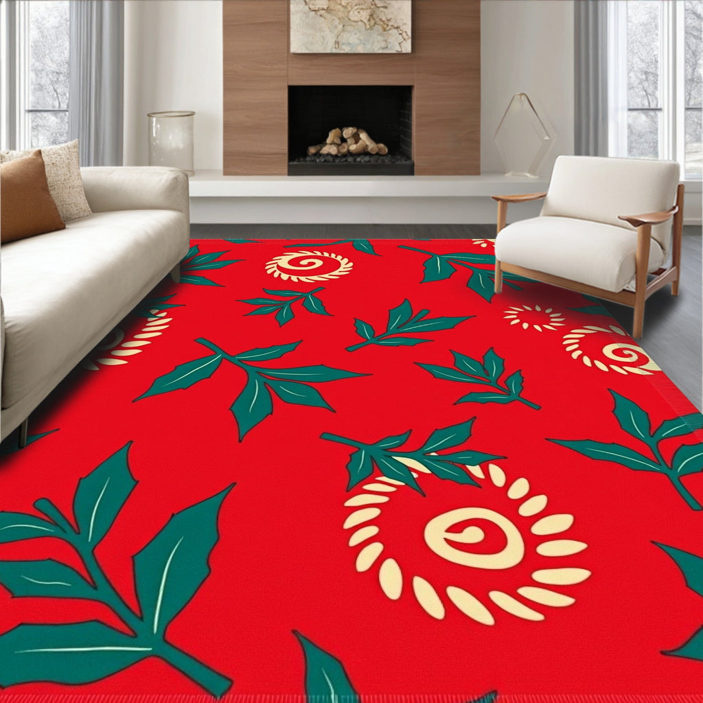 Whimsical Red Leaf Swirl Rug