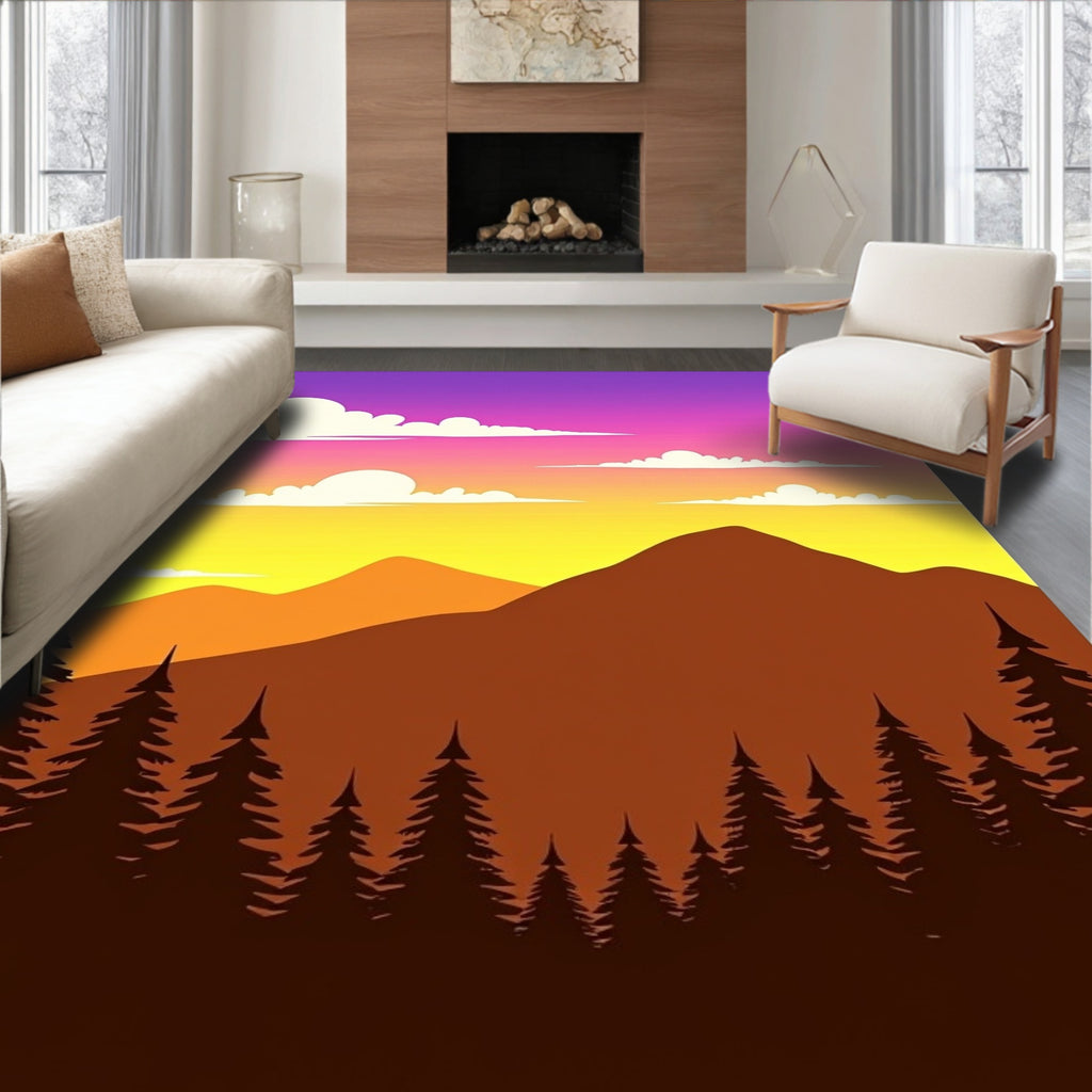 Sunset Mountain Silhouette Pine Forest Rug