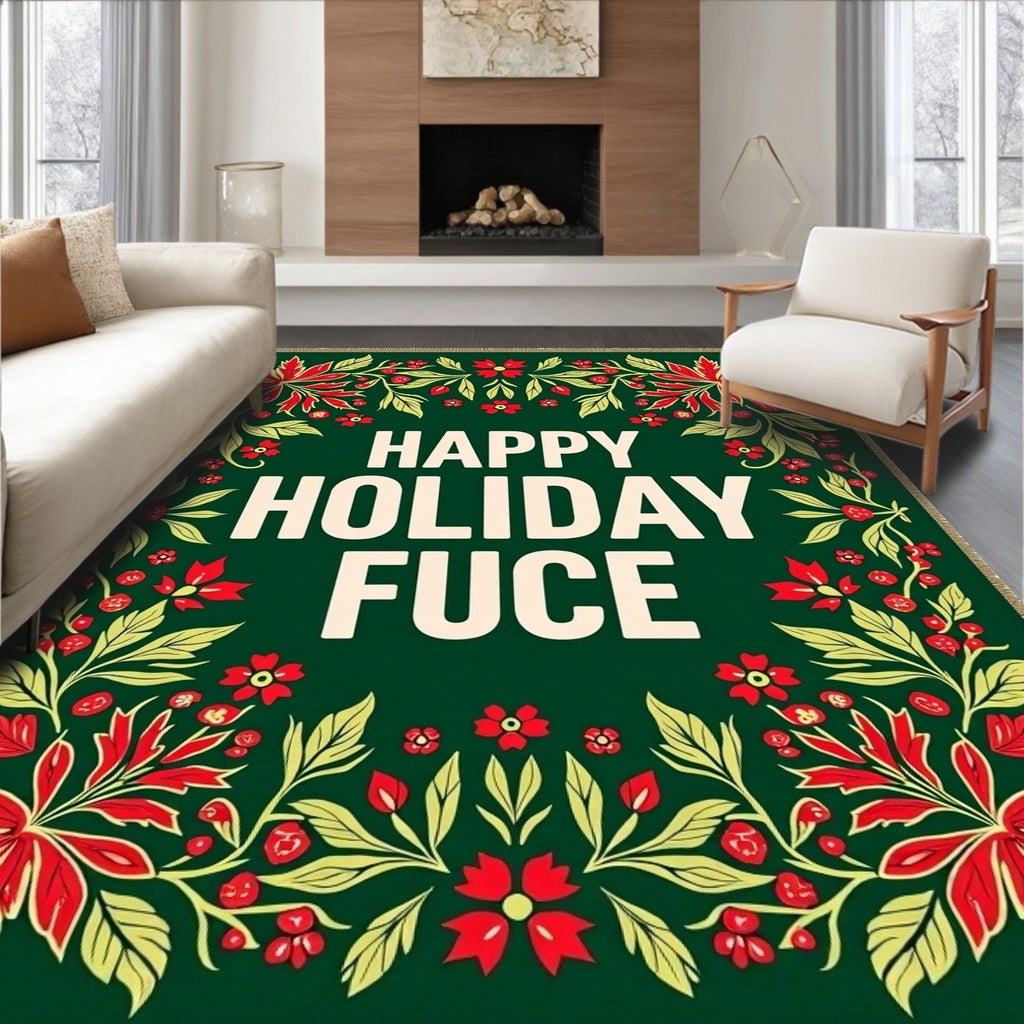 Festive Red Green Floral Border Rug