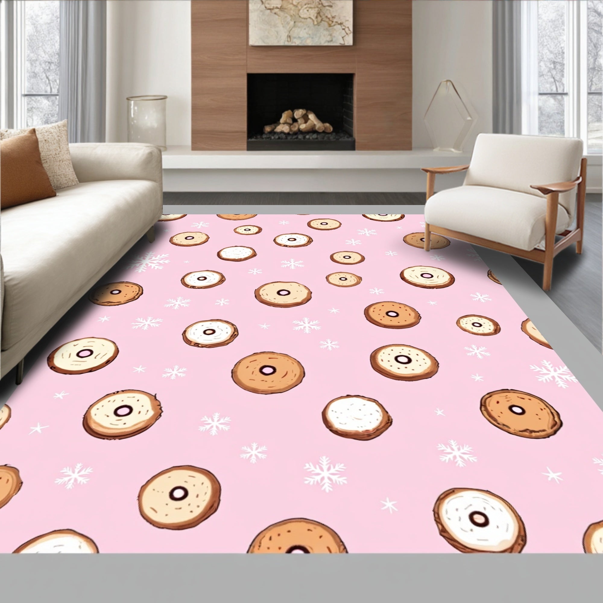 Pink Donut Snowflakes Playful Repeat Art Rug