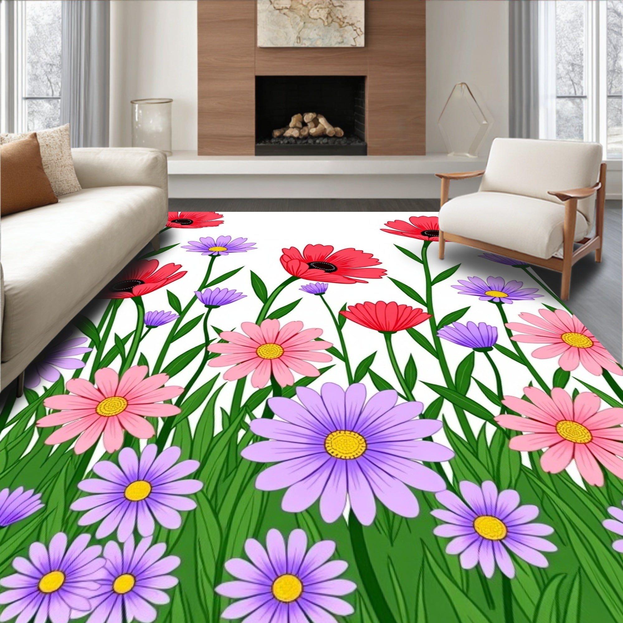 Crimson Red Purple Floral Meadow Rug