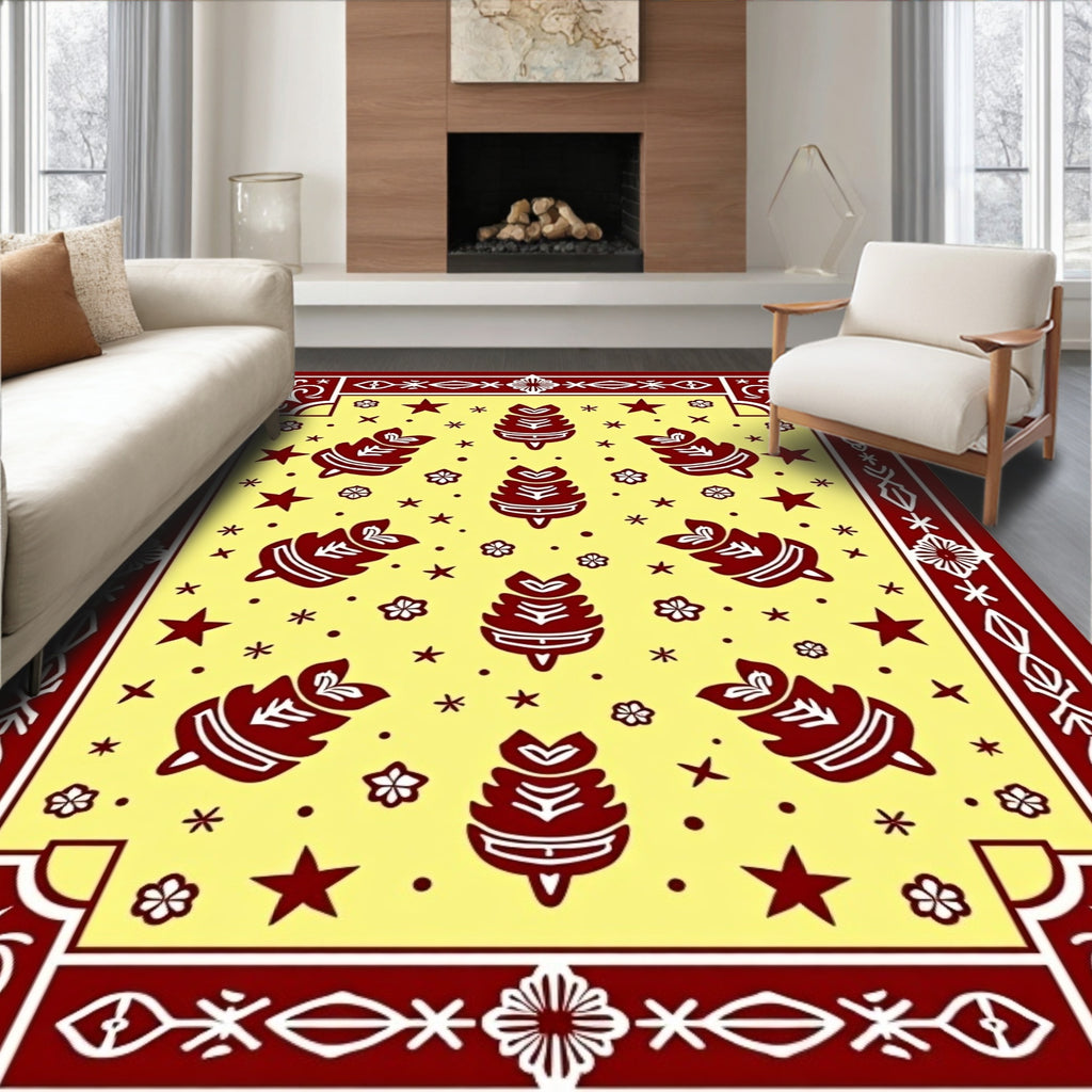 Maroon Leaf Stars Floral Border Rug
