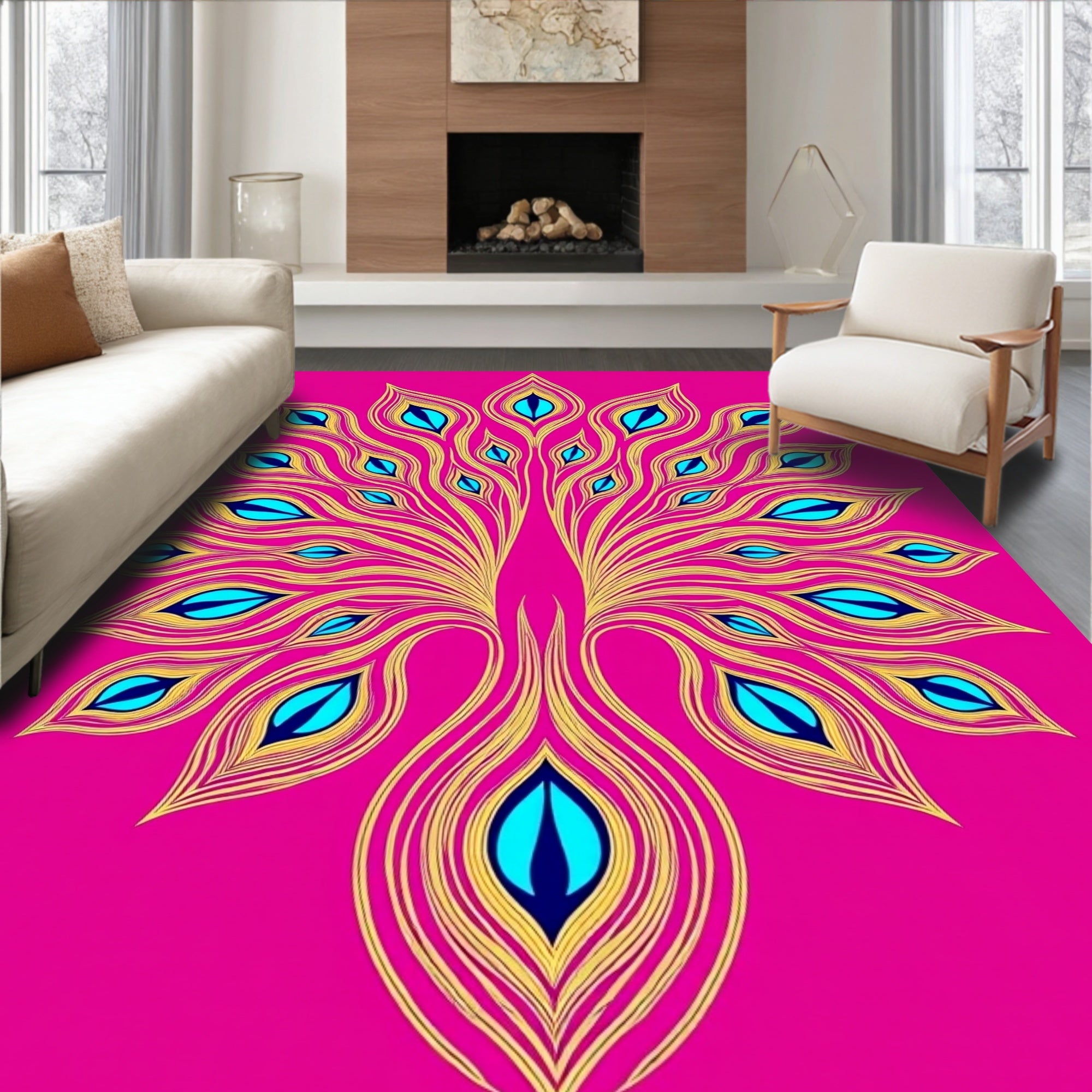 Bright Magenta Peacock Feather Fan Rug