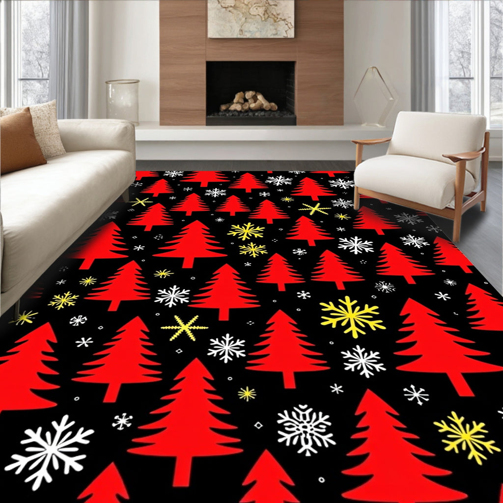 Red Evergreen Snowfall Celebration Rug