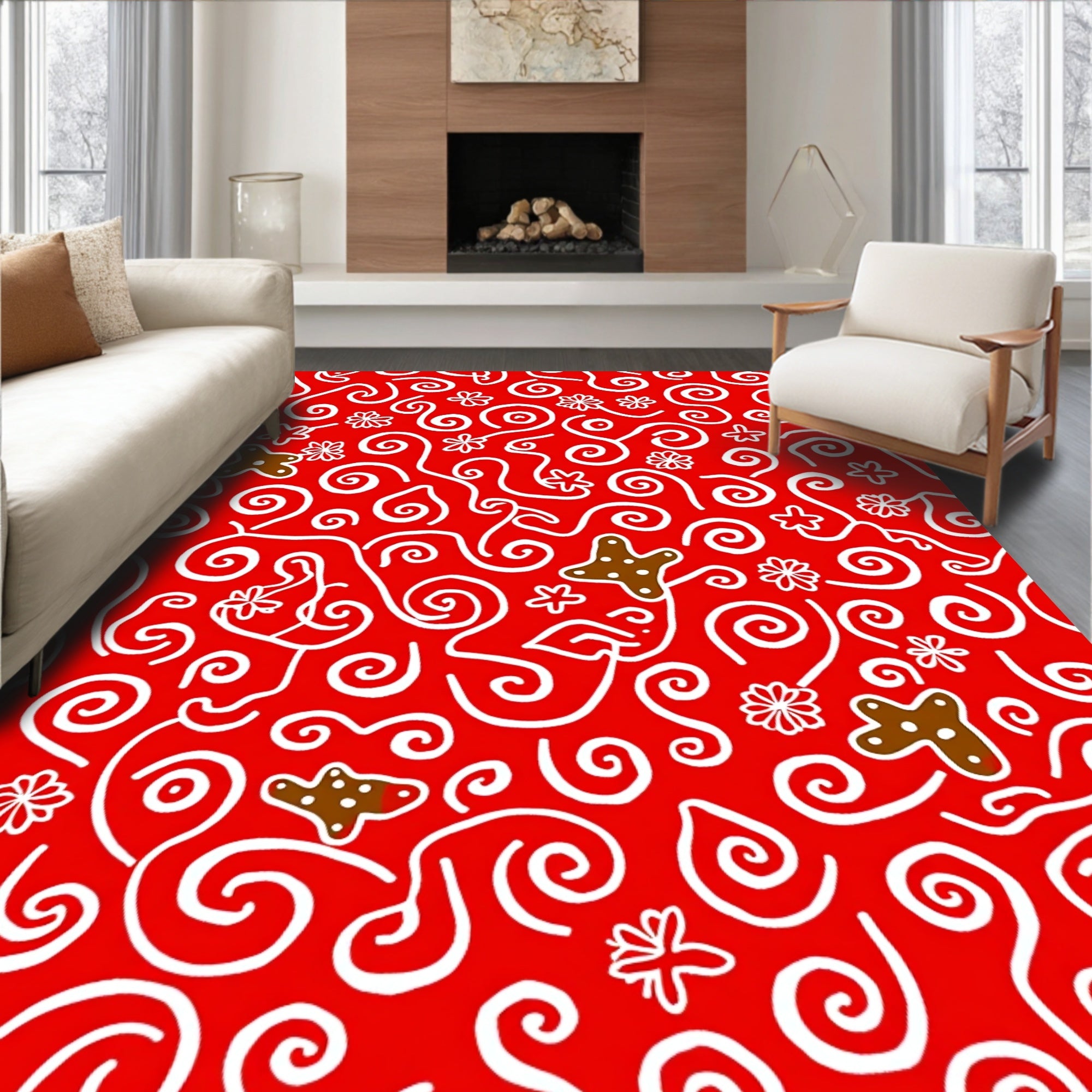 Festive Red Swirl Gingerbread Cookies Rug