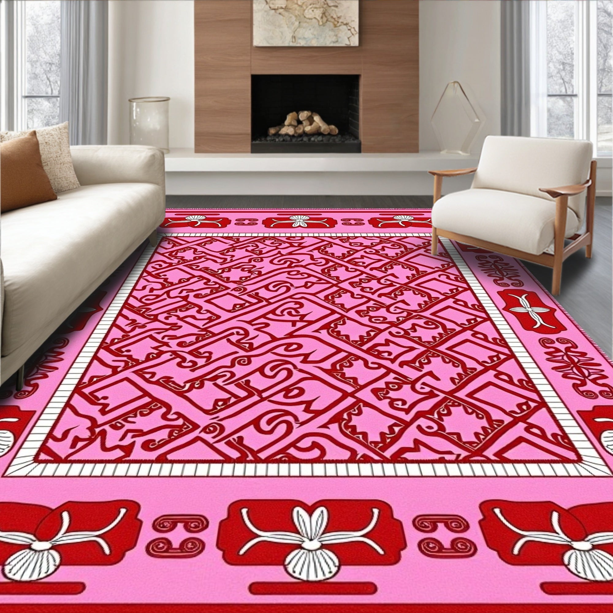 Pink Red Abstract Geometric Border Rug