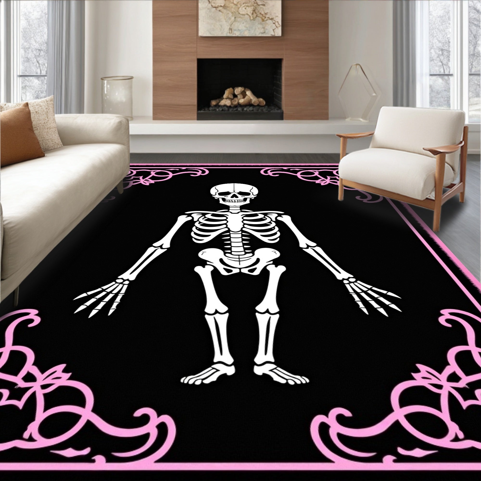 Black White Skeleton Pink Ornate Frame Rug