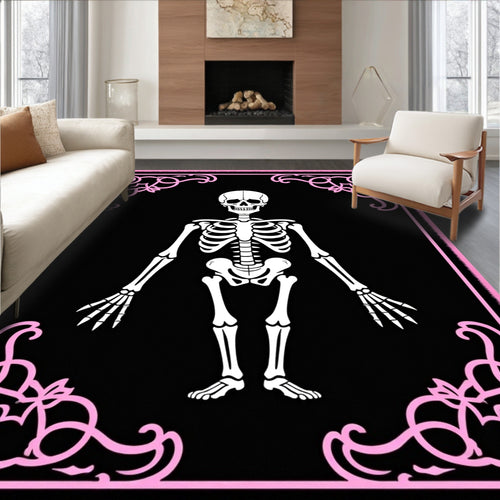 Black White Skeleton Pink Ornate Frame Rug