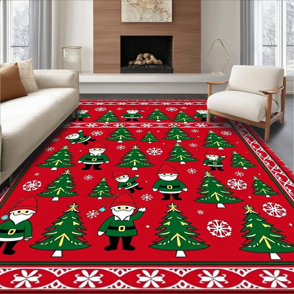 Festive Red Christmas Gnomes Trees Rug