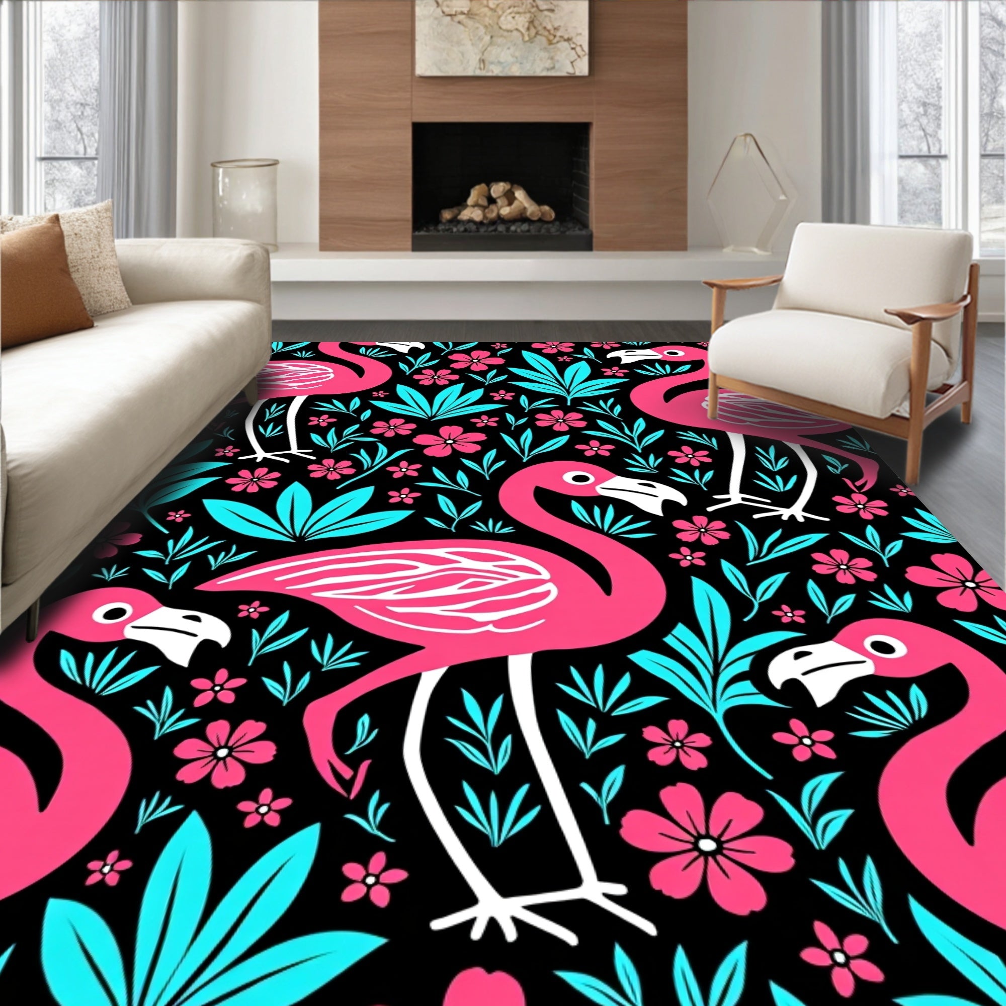 Vibrant Pink Flamingo Floral Jungle Rug