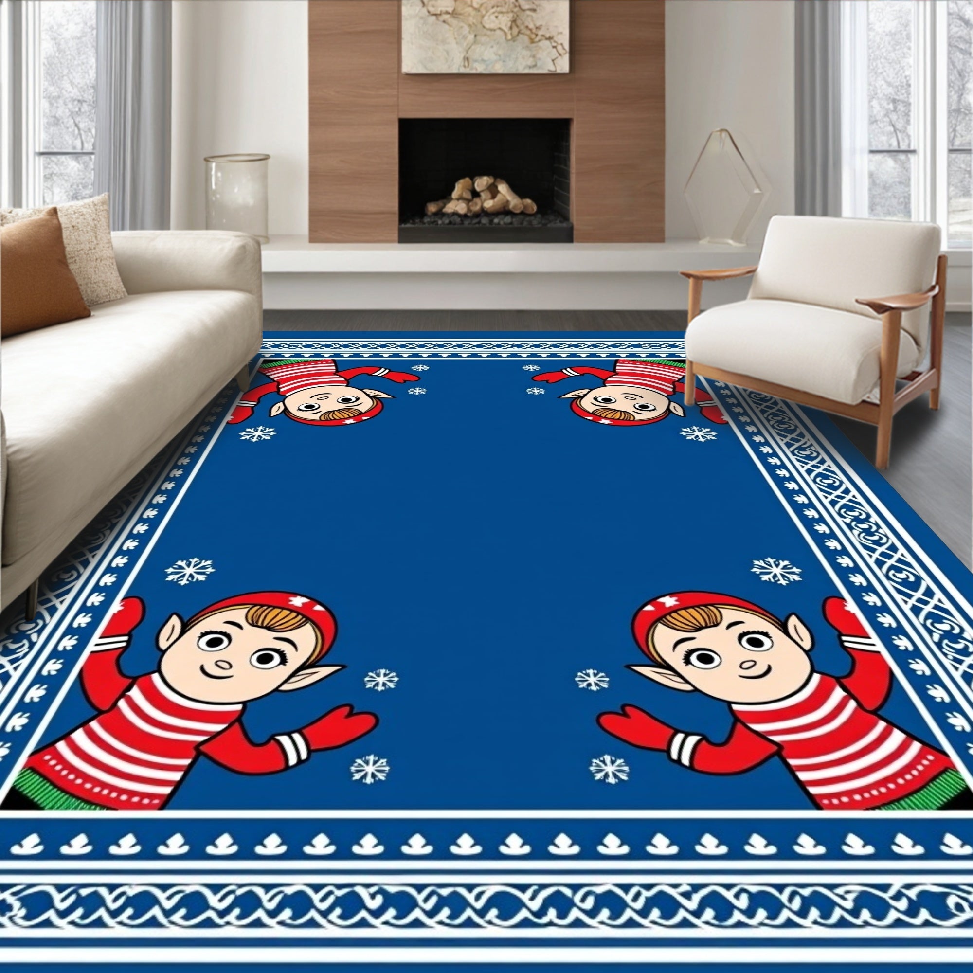 Cute Red Striped Elves Winter Snowfall Rug