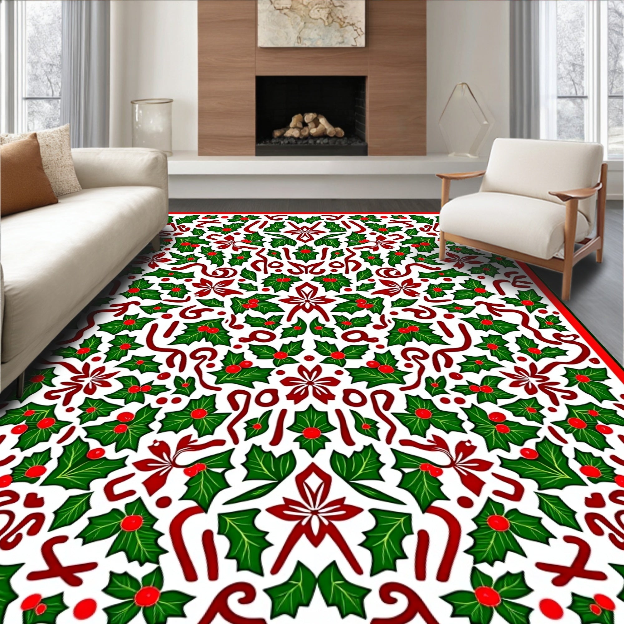 Festive Holly Berry Ribbon Arrangement Rug
