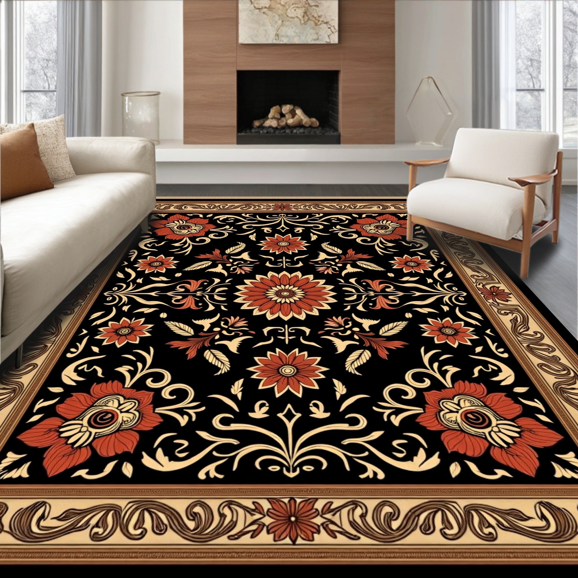 Crimson and Gold Floral Border Rug