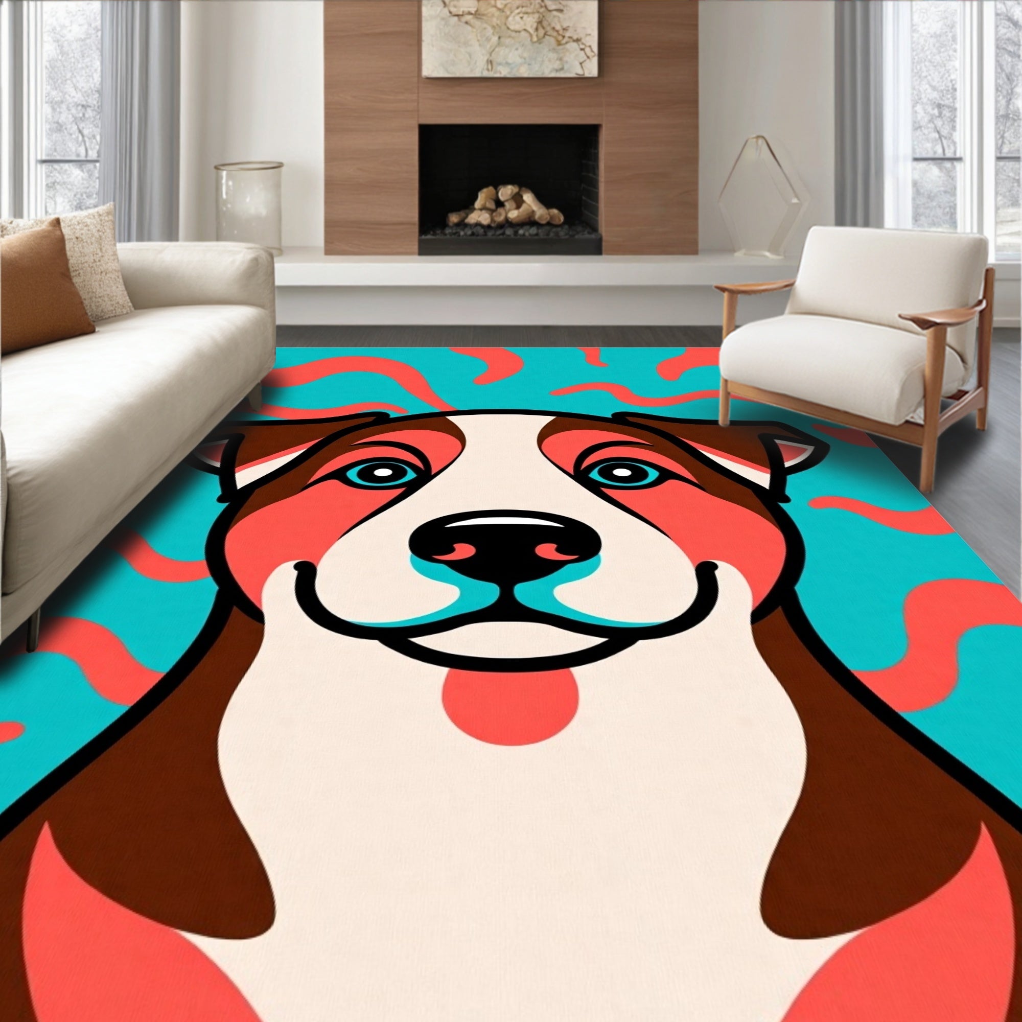 Vibrant Blue Coral Dog Portrait Rug