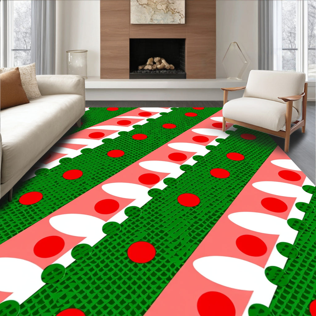 Diagonal Red Green White Polka Dot Rug